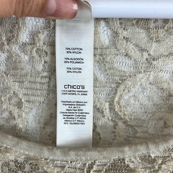 Chicos Beige Sheer Lace 3/4"-Sleeve Top - Picture 5 of 6
